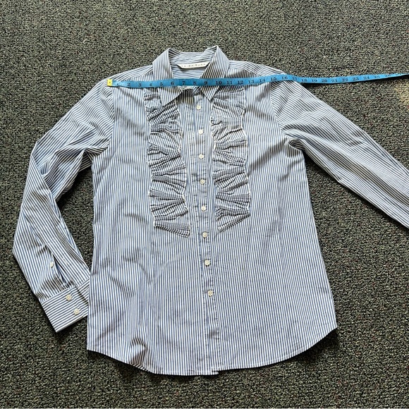TRINA TURK Blue & White Striped Seersucker Button Down Top Shirt Ruffle Detail S - Picture 14 of 16
